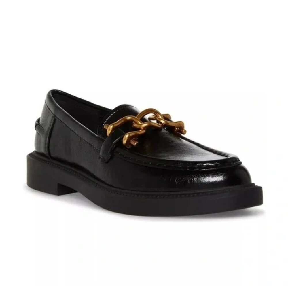 🆕 STEVE MADDEN Karmine Loafer Shoe Leather Gold Chain Black 5.5